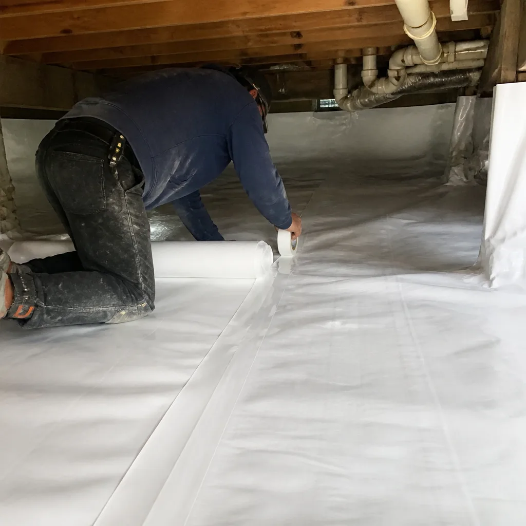 Contractor installing professional crawl space vapor barrier and encapsulation liner