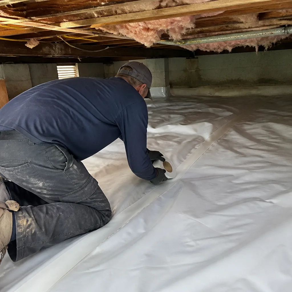 Contractor installing professional crawl space vapor barrier for moisture and insulation control
