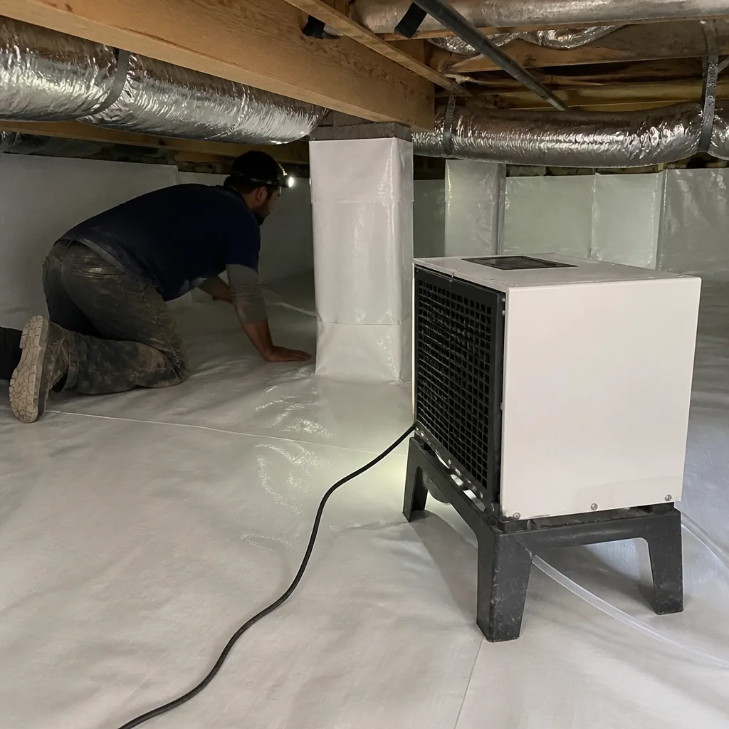 Technician installing crawl space encapsulation and vapor barrier with a dehumidifier
