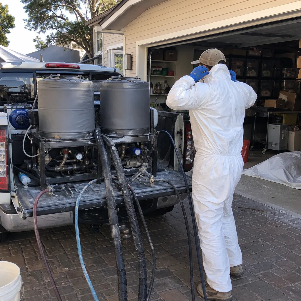 Contractor preparing spray foam insulation equipment for residential project